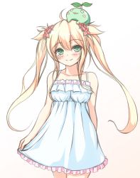 Rule 34 | 1girl, bad id, bad pixiv id, bare shoulders, blonde hair, blush, dress, flower, frills, green eyes, hair flower, hair ornament, long hair, looking at viewer, on head, original, skirt hold, smile, tiphereth, twintails, white dress