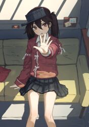 Rule 34 | 1girl, black skirt, brown eyes, brown hair, collared shirt, feet out of frame, hair between eyes, highres, japanese clothes, kantai collection, kariginu, long hair, long sleeves, looking at viewer, nito (nshtntr), open mouth, pleated skirt, ryuujou (kancolle), shirt, sitting, skirt, solo, twintails, visor cap, white shirt