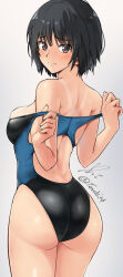 Rule 34 | 1girl, alternate breast size, amagami, ass, black hair, black one-piece swimsuit, blue one-piece swimsuit, bob cut, breasts, brown eyes, closed mouth, clothes pull, competition swimsuit, cowboy shot, from behind, grey background, highleg, highleg swimsuit, highres, large breasts, light blush, light smile, looking at viewer, nanasaki ai, off shoulder, one-piece swimsuit, one-piece swimsuit pull, one-piece tan, short hair, signature, simple background, solo, swimsuit, tan, tanline, turning head, twitter username, two-tone swimsuit, yoo tenchi