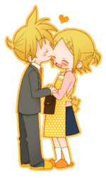 Rule 34 | 1boy, 1girl, alternate costume, apron, blonde hair, blush, brother and sister, formal, hetero, hiyo (hiyococco), kagamine len, kagamine rin, kiss, kissing forehead, siblings, slippers, suit, twins, vocaloid