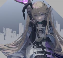 Rule 34 | 1girl, arknights, brown hair, closed mouth, dress, hair ornament, holding, holding staff, indigo (arknights), infection monitor (arknights), long hair, miike (992058), purple dress, purple eyes, shrug (clothing), sitting, solo, staff, very long hair