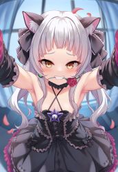 Rule 34 | 1girl, animal ear fluff, animal ears, armpits, bare shoulders, black dress, black ribbon, blunt bangs, blush, breasts, cat ears, covered mouth, detached sleeves, dress, earrings, flower, grin, hair ribbon, halterneck, highres, hololive, jewelry, long hair, looking at viewer, milkshakework, murasaki shion, murasaki shion (gothic lolita), outstretched arms, paid reward available, pov, revision, ribbon, rose, small breasts, smile, solo, twintails, virtual youtuber, yellow eyes