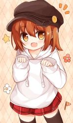 Rule 34 | 1girl, :d, argyle, argyle background, argyle clothes, blush, brown background, brown eyes, brown hair, brown hat, brown thighhighs, cabbie hat, commentary request, drawstring, fang, flower, hair between eyes, hat, hood, hood down, hoodie, long sleeves, looking at viewer, notice lines, open mouth, original, pennant, plaid, plaid skirt, red flower, red skirt, skirt, sleeves past wrists, smile, solo, star (symbol), thighhighs, white flower, white hoodie, yuuhagi (amaretto-no-natsu)