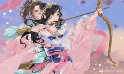 Rule 34 | 1boy, 1girl, absurdres, aiming, arrow (projectile), bow (weapon), brown hair, character request, chi lian (qin shi ming yue), cui fa lanzhou, dress, hair bun, highres, long hair, long sleeves, open mouth, pink dress, ponytail, qinshi mingyue, sash, second-party source, smile, tiara, weapon