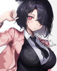 Rule 34 | 1girl, animal ears, warrior of light (ff14), black hair, black necktie, blazer, breasts, cat ears, collared shirt, commentary request, commission, cyobiro, final fantasy, final fantasy xiv, hair over one eye, hand up, jacket, large breasts, looking at viewer, miqo&#039;te, necktie, pink jacket, red eyes, shirt, short hair, skeb commission, slit pupils, solo, upper body, waistcoat, white shirt