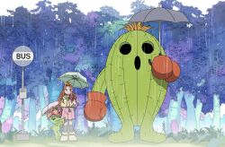 Rule 34 | boxing gloves, brown eyes, brown hair, bus stop, commentary request, digimon, digimon (creature), digimon adventure, gloves, grass, green eyes, highres, korean commentary, outdoors, palmon, rain, red gloves, roseepdl2, tachikawa mimi, togemon, tonari no totoro, totoro bus stop, tree, white footwear