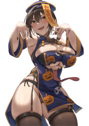Rule 34 | 1girl, absurdres, bare shoulders, black garter straps, black nails, blue headwear, blush, breasts, brown thighhighs, detached sleeves, garter straps, hands up, highres, jiangshi costume, large breasts, licking lips, long sleeves, looking at viewer, momo no sukebe, nail polish, open mouth, original, pumpkin print, short hair, skindentation, smile, solo, thighhighs, thighs, tongue, tongue out, white background