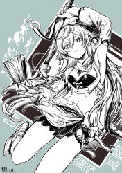Rule 34 | 1girl, absurdres, book, breasts, bright pupils, closed mouth, crop top, dated, detached sleeves, genshin impact, hair between eyes, hat, highres, holding, holding book, holding staff, long hair, looking at viewer, medium breasts, midriff, monochrome, navel, qingwa chi she, shorts, signature, smile, solo, spot color, staff, yanfei (genshin impact)