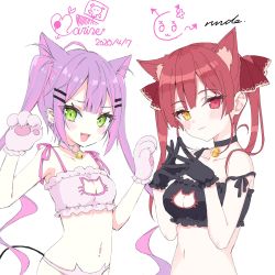 Rule 34 | 2girls, ahoge, alternate costume, animal ears, animal hands, bell, black bra, blush, bra, breasts, cat cutout, cat ear panties, cat ears, cat lingerie, choker, cleavage, cleavage cutout, clothing cutout, collaboration, collar, demon tail, frilled bra, frills, green eyes, hair ornament, hairclip, heterochromia, highres, hololive, houshou marine, houshou marine (artist), interlocked fingers, jingle bell, lingerie, long hair, looking at viewer, making-of available, medium breasts, meme attire, multiple girls, neck bell, open mouth, panties, purple hair, red eyes, red hair, rurudo, simple background, smile, tail, tokoyami towa, twintails, underwear, underwear only, virtual youtuber, white background, yellow eyes