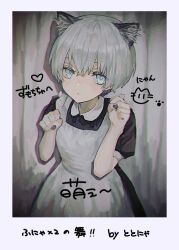 Rule 34 | 1girl, animal ear fluff, animal ears, apron, black dress, black nails, blue eyes, border, cat ears, closed mouth, collared dress, commentary request, cowboy shot, dress, grey hair, hair between eyes, hands up, hoshimiya toto, indie virtual youtuber, looking at viewer, maid, maid apron, muted color, nail polish, paw pose, polaroid, puffy short sleeves, puffy sleeves, second-party source, short hair, short sleeves, solo, standing, translation request, virtual youtuber, white apron, white border, zumochi
