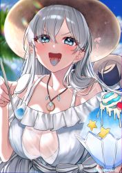 Rule 34 | 1girl, anastasia (fate), anastasia (swimsuit archer) (fate), anastasia (swimsuit archer) (first ascension) (fate), bare shoulders, blue dress, blue eyes, blush, bracelet, breasts, collarbone, doll, dress, earrings, fate/grand order, fate (series), food, hair over one eye, hairband, hat, highres, holding, holding spoon, jewelry, large breasts, long hair, looking at viewer, necklace, pendant, shaved ice, silver hair, smile, spoon, straw hat, tongue, tongue out, very long hair, viy (fate), yayoi maka