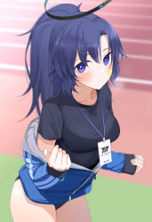 Rule 34 | 1girl, blue archive, blush, breasts, breath, cowboy shot, fed (giba), gym shirt, gym shorts, gym uniform, halo, heavy breathing, highres, id card, jacket, long hair, long sleeves, looking at viewer, off shoulder, open clothes, open jacket, paid reward available, parted bangs, purple eyes, purple hair, shirt, shorts, solo, star (symbol), sticker, sweat, two side up, yuuka (blue archive), yuuka (track) (blue archive)