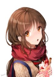 Rule 34 | 1girl, :o, aran sweater, artist name, backpack, bag, black serafuku, brown eyes, brown hair, cable knit, cardigan, crepe, emyo, enpera, eyebrows, eyelashes, food, food on face, from above, from side, fruit, holding, holding food, long hair, looking at viewer, looking to the side, matching hair/eyes, neckerchief, original, plaid, red neckerchief, red scarf, scarf, school uniform, serafuku, simple background, solo, strawberry, sweater, sweets, upper body, white background