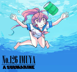 Rule 34 | 1girl, :t, album cover redraw, bad id, bad pixiv id, bare legs, barefoot, bubble, can, derivative work, drum (container), i-168 (kancolle), kantai collection, nevermind, nirvana (band), parody, personification, pink hair, ponytail, school swimsuit, school uniform, serafuku, solo, swimming, swimsuit, swimsuit under clothes, terada tera, underwater, underwear