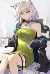 Rule 34 | 1girl, absurdres, animal ears, arknights, asymmetrical hair, black coat, black collar, blurry, blurry background, blush, breasts, cat ears, cleavage, coat, coffee cup, collar, commentary, cup, disposable cup, dress, earpiece, feet out of frame, green dress, green eyes, hair intakes, hatotonaru, highres, holding, holding cup, kal&#039;tsit (arknights), knees together feet apart, looking at viewer, medium breasts, medium hair, off shoulder, on bed, open clothes, open coat, parted lips, rhodes island logo (arknights), see-through, short dress, silver hair, sitting, sleeveless, sleeveless dress, solo, steam, thighs