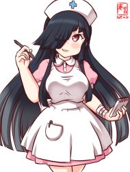 Rule 34 | 1girl, alternate costume, apron, artist logo, bandages, black hair, blood, blush, breasts, cowboy shot, cross, dated, hair between eyes, hair over one eye, hat, hayashimo (kancolle), hime cut, kanon (kurogane knights), kantai collection, long hair, medium breasts, notebook, nurse, nurse cap, one-hour drawing challenge, open mouth, red eyes, simple background, smile, solo, very long hair, white background