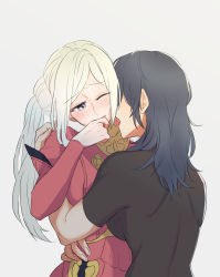 Rule 34 | 2girls, absurdres, biting, black shirt, blue hair, blush, breasts, byleth (female) (fire emblem), byleth (fire emblem), collared dress, commentary request, couple, dark blue hair, dress, edelgard von hresvelg, embarrassed, finger biting, fire emblem, fire emblem: three houses, from behind, highres, hug, licking, licking another&#039;s neck, long hair, multiple girls, nintendo, one eye closed, open mouth, puffy short sleeves, puffy sleeves, purple eyes, red dress, riromomo, shirt, short sleeves, side ponytail, sidelocks, simple background, upper body, white background, white hair, yuri