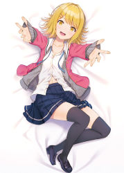 Rule 34 | 1girl, :d, bed sheet, black thighhighs, blazer, blonde hair, blue ribbon, blue skirt, bob cut, breasts, buttons, cardigan, cleavage, collarbone, collared shirt, dress shirt, full body, grey cardigan, hair ornament, hairclip, hyuuga azuri, jacket, loafers, long sleeves, looking at viewer, lying, miniskirt, navel, neck ribbon, on back, open cardigan, open clothes, open jacket, open mouth, original, outstretched arms, partially unbuttoned, pink jacket, pleated skirt, ribbon, school uniform, shirt, shoes, short hair, skirt, sleeves past wrists, small breasts, smile, solo, thighhighs, white shirt, yellow eyes, zettai ryouiki