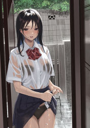 Rule 34 | 1girl, :d, black bra, black hair, black panties, blush, bow, bowtie, bra, bra visible through clothes, clothes lift, collared shirt, cowboy shot, doorway, dress shirt, hair between eyes, highres, legs together, lifted by self, looking at viewer, open door, open mouth, original, panties, parted bangs, plaid, pleated skirt, rain, red bow, red bowtie, school uniform, shirt, shirt tucked in, short sleeves, skirt, skirt lift, smile, solo, standing, striped bow, striped bowtie, striped clothes, taniguchi daisuke (surumenium), thighs, underwear, water drop, wet, wet clothes, wet shirt, white shirt, wringing clothes