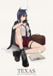 Rule 34 | 1girl, absurdres, alternate costume, animal ears, arknights, artist name, bandages, belt, black gloves, black jacket, blue hair, book, boots, brown eyes, cigarette, cjmy, commentary, english text, gloves, hair between eyes, highres, holding, holding cigarette, jacket, jacket on shoulders, long hair, necktie, red shorts, shirt, shorts, sitting, solo, texas (arknights), thigh strap, white shirt