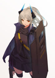 Rule 34 | 1girl, absurdres, arknights, ballistic shield, black skirt, black sweater, black thighhighs, blue jacket, closed mouth, commentary request, cropped legs, dazzler (weapon), electroshock weapon, flash shield, flashlight, grey hair, gun, high ponytail, highres, holding, holding gun, holding weapon, horns, jacket, less-than-lethal weapon, liskarm (arknights), long hair, looking at viewer, open clothes, open jacket, pleated skirt, ponytail, red eyes, riot shield, shield, sketch, skirt, solo, storia, stun shield, sweater, thighhighs, weapon, weapon request