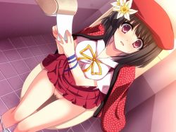 Rule 34 | 1girl, beret, black hair, blue ribbon, blush, breasts, cape, censored, clothes lift, dutch angle, embarrassed, flower, game cg, hair flower, hair ornament, hat, looking at viewer, mosaic censoring, panties, panty pull, pussy, red cape, red eyes, red hat, red skirt, ribbon, shirt, sitting, skirt, skirt lift, solo, sweatdrop, tile floor, tiles, toilet, toilet paper, toilet use, toire no hanako, underwear, white panties, white shirt, yellow ribbon, yokoshima pandemic, yukizuki chikuba