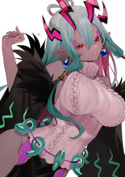 Rule 34 | 1girl, absurdres, bare shoulders, bebe (bebe pp), breasts, breasts squeezed together, dark-skinned female, dark skin, dress, earrings, eyeliner, fate/grand order, fate (series), fur trim, highres, horns, ibuki douji (fate), jewelry, large breasts, long hair, magatama, makeup, nail polish, off shoulder, oni, oni horns, parted lips, pelvic curtain, pointy ears, red eyes, ribbed dress, short eyebrows, sidelocks, silver hair, slit pupils, smile, solo, sweater, sweater dress, turtleneck, turtleneck dress, white dress