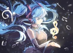 Rule 34 | 1girl, blouse, blue hair, bow, bowtie, detached sleeves, floating hair, glowing, grey shirt, hatsune miku, long hair, rosele, shirt, sleeveless, sleeveless shirt, solo, twintails, very long hair, vocaloid