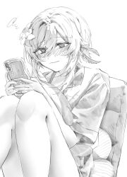 Rule 34 | 1girl, @ @, alternate costume, blush, cellphone, closed mouth, collared shirt, commentary, feather hair ornament, feathers, flower, genshin impact, greyscale, hair between eyes, hair flower, hair ornament, hatching (texture), highres, holding, holding phone, knees to chest, looking at phone, lumine (genshin impact), monochrome, phone, raloloit, shirt, short hair, short hair with long locks, sidelocks, sitting, sketch, solo, symbol-only commentary, white background