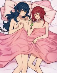Rule 34 | 2girls, aoba tsumugi, blanket, blue hair, breasts, completely nude, ensemble stars!, genderswap, genderswap (mtf), green eyes, highres, holding, holding phone, large breasts, long hair, lummy yummy, lying, multicolored hair, multiple girls, nude, on back, on bed, phone, pillow, red hair, sakasaki natsume, short hair with long locks, small breasts, under covers, wavy hair, white hair, yellow eyes, yuri
