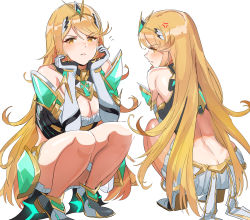 Rule 34 | 1girl, anger vein, ass, blonde hair, blush, breasts, butt crack, chest jewel, cleavage, closed mouth, elbow gloves, frown, gem, gloves, head rest, headpiece, highres, jewelry, large breasts, long hair, multiple views, mythra (xenoblade), nintendo, ormille, simple background, squatting, swept bangs, thighs, tiara, white background, xenoblade chronicles (series), xenoblade chronicles 2, yellow eyes