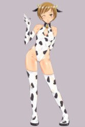 Rule 34 | 1girl, animal print, atlus, bad id, bad pixiv id, brown eyes, brown hair, cow girl, cow print, elbow gloves, em (totsuzen no hakike), gloves, gluteal fold, horns, leotard, one eye closed, persona, persona 4, satonaka chie, short hair, solo, thighhighs, wink