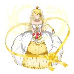 Rule 34 | 1girl, blonde hair, bouquet, breasts, bridal veil, choker, cleavage, collarbone, dress, closed eyes, floating hair, flower, full body, hair flower, hair ornament, hair ribbon, high ponytail, holding, holding bouquet, leafa, looking at viewer, medium breasts, pointy ears, purple eyes, red flower, ribbon, sidelocks, sleeveless, sleeveless dress, solo, standing, strapless, strapless dress, sword art online, transparent background, veil, white dress, white flower, wthie ribbon, yellow flower, yellow ribbon