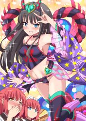 Rule 34 | 3girls, bare shoulders, black dress, black fundoshi, black hair, black thighhighs, blue eyes, breasts, chinese clothes, clenched teeth, collarbone, commission, cosplay, detached sleeves, dress, dudou, fake horns, fate/grand order, fate (series), forehead jewel, fundoshi, hairband, highres, hisui (tsukihime), horns, japanese clothes, kohaku (tsukihime), laughing, long hair, looking at viewer, maid headdress, medium breasts, multiple girls, navel, pink hair, pixiv commission, rope, shimouki izui, short hair, shuten douji (fate), shuten douji (fate/grand order), shuten douji (halloween caster) (fate), shuten douji (halloween caster) (fate) (cosplay), siblings, sisters, skin-covered horns, smile, sparkle, teeth, thighhighs, tohno akiha, tsukihime, twins, yellow eyes
