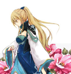 Rule 34 | 1girl, bad id, bad pixiv id, blonde hair, breasts, chinese clothes, dress, female focus, flower, long hair, long sleeves, looking down, noneko croquiss, ponytail, profile, shin sangoku musou, solo, wang yuanji, wide sleeves