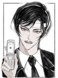 Rule 34 | 1boy, border, cellphone, collared shirt, facial hair, flip phone, hand up, headband, highres, holding, holding phone, jacket, looking at viewer, male focus, meitantei conan, monochrome, morofushi takaaki, mustache, necktie, outside border, phone, portrait, shirt, short hair, simple background, sketch, smile, solo, willowofzion