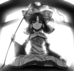 Rule 34 | 1girl, ascot, black eyes, black hair, bow, closed mouth, collarbone, collared dress, commentary, detached sleeves, dress, frilled bow, frills, from below, gohei, greyscale, hair bow, hair tubes, hakurei reimu, japanese clothes, looking at viewer, m.u.g.e.n, medium hair, miko, monochrome, nontraditional miko, ribbon-trimmed sleeves, ribbon trim, rion (glayjirobass), sidelocks, solo, torii, touhou, white background, white bow, white dress, wide sleeves