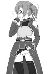 Rule 34 | 10s, 1girl, armor, blush, bow, bow panties, breastplate, clothes lift, crotch seam, fingerless gloves, gloves, greyscale, groin, hair ribbon, highres, looking at viewer, lowleg, lowleg panties, monochrome, open mouth, panties, red eyes, ribbon, shichimenchou, silica, simple background, skirt, skirt lift, solo, sword art online, tearing up, tears, thighhighs, twintails, underwear, upskirt, white background