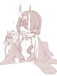 Rule 34 | 1girl, bare shoulders, blush, breasts, closed eyes, collarbone, eyeshadow, fang, fate/grand order, fate (series), hair ornament, horns, japanese clothes, k52, kimono, laughing, long sleeves, makeup, monochrome, obi, oni, open mouth, pointy ears, sash, short hair, shuten douji (fate), small breasts, smile, solo, strong zero, thick eyebrows, white background, wide sleeves