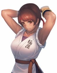 1girl armpits breasts brown_eyes brown_hair commentary_request dougi fingerless_gloves gloves headband highres looking_at_viewer open_mouth ranma_(kamenrideroz) ryuuko_no_ken short_hair simple_background smile solo the_king_of_fighters the_king_of_fighters_xiv white_background yuri_sakazaki