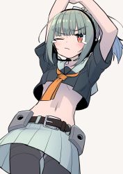 Rule 34 | 1girl, belt, black pantyhose, bow, commentary request, gluteal fold, green hair, green skirt, grey background, hair bow, kantai collection, long hair, midriff, monaka ooji, no bra, one eye closed, panties, panties under pantyhose, pantyhose, ponytail, school uniform, serafuku, simple background, skirt, solo, stretching, tank top, tears, underwear, yellow neckwear, yuubari (kancolle), yuubari kai ni (kancolle)