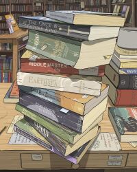 Rule 34 | absurdres, book, book stack, bookmark, bookshelf, commentary, desk, english commentary, english text, highres, indoors, library, mostlyghostie, no humans, original, pencil, shop, sticky note, wooden desk