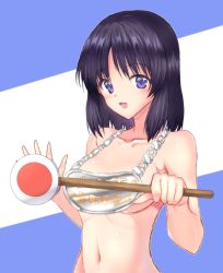 Rule 34 | 1girl, bad id, bad twitter id, black eyes, black hair, bob cut, breasts, chain necklace, girls und panzer, gorget, highres, holding, inatomi hibiki, jewelry, looking at viewer, medium breasts, medium hair, nanjou satoshi, navel, necklace, nude, open mouth, sign, smile, solo, upper body