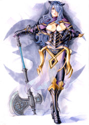 Rule 34 | 1girl, armored boots, axe, battle axe, between breasts, black panties, blue hair, boots, breasts, breasts apart, brown eyes, camilla (fire emblem), cleavage, closed mouth, diadem, fer yoshimiya, fire emblem, fire emblem fates, gloves, groin, hair over one eye, headwear request, highres, large breasts, long hair, nintendo, panties, purple gloves, solo, standing, transparent, underwear, very long hair, weapon