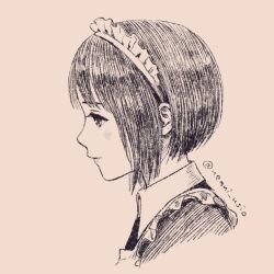 Rule 34 | 1girl, blush, bob cut, character request, from side, hai to no monogatari, inverted bob, looking ahead, maid, maid headdress, nemui usio, portrait, profile, short hair, simple background, sketch, smile, solo, twitter username