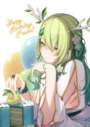 Rule 34 | 1girl, absurdres, antlers, aqua nails, balloon, braid, bridal gauntlets, cake, ceres fauna, character name, closed mouth, erezu, flower, food, green hair, hair between eyes, hair flower, hair ornament, happy birthday, hat, highres, hololive, hololive english, horns, mole, mole under eye, nail polish, party hat, sapling (ceres fauna), side slit, solo, virtual youtuber, white flower, white sleeves, yellow eyes