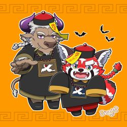 Rule 34 | 2boys, animal ears, bat (animal), bead necklace, beads, braid, brown fur, chibi, commentary request, cow ears, cow horns, cow tail, facial hair, fangs, fangs out, flats, full body, furry, furry male, goatee, highres, horns, jewelry, jiangshi costume, leaf, long hair, male focus, minotaur, mouth hold, multiple boys, necklace, open mouth, orange background, outline, purple eyes, purple horns, red fur, red panda boy, red panda ears, red panda tail, shennong (housamo), signature, single braid, smile, smirk, stalk in mouth, tail, thick eyebrows, tokyo houkago summoners, white fur, white hair, white outline, yanai inaya, zhurong (housamo)