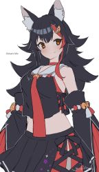 Rule 34 | 1girl, absurdres, animal ear fluff, animal ears, bell, black hair, black shirt, black skirt, blush, breasts, character name, choker, closed mouth, commentary, cowboy shot, cropped shirt, detached sleeves, fang, hair flaps, hair ornament, highres, hololive, k einosuke, kouhaku nawa, long hair, looking to the side, medium breasts, midriff, miniskirt, multicolored hair, necktie, ookami mio, ookami mio (1st costume), orange eyes, pleated skirt, red choker, red hair, red necktie, rope, sailor collar, shimenawa, shirt, signature, simple background, skirt, smile, solo, streaked hair, two-tone hair, virtual youtuber, white background, wolf ears