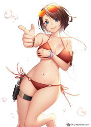 Rule 34 | 1girl, bare shoulders, barefoot, bikini, blue eyes, bracelet, breast hold, breasts, brown hair, cleavage, closed mouth, collarbone, commentary, commission, covering privates, covering breasts, eyewear on head, gun, halterneck, handgun, highres, holster, jewelry, jurrig, large breasts, leg up, looking at viewer, navel, o-ring, o-ring bikini, o-ring top, original, pistol, pointing, pointing at viewer, red bikini, short hair, side-tie bikini bottom, simple background, smile, solo, string bikini, sunglasses, swept bangs, swimsuit, thigh holster, thigh strap, water drop, weapon, white background