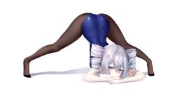 Rule 34 | 1girl, absurdres, arched back, arm rest, ass, black pantyhose, blue eyes, blue one-piece swimsuit, bronya zaychik, curly hair, drill hair, expressionless, flexible, full body, hands on ground, highres, honkai (series), honkai impact 3rd, jack-o&#039; challenge, legs, long hair, looking at viewer, meme, no shoes, one-piece swimsuit, pantyhose, pantyhose under swimsuit, re xiangbin, ringlets, silver hair, simple background, solo, spread legs, stretching, swimsuit, thighs, top-down bottom-up, twintails, white background, wide spread legs